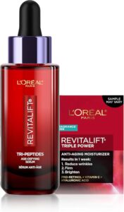 L'Oreal Paris Revitalift Triple Power Face Serum with Tri-Peptides, Hyaluronic Acid and Vitamin C, Anti Aging, Anti Wrinkle Serum to Firm and Brighten, 1 FL oz, + Sample