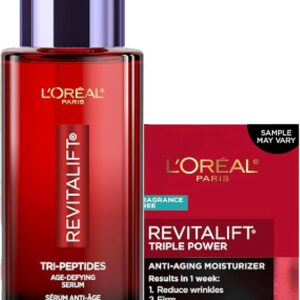 L'Oreal Paris Revitalift Triple Power Face Serum with Tri-Peptides, Hyaluronic Acid and Vitamin C, Anti Aging, Anti Wrinkle Serum to Firm and Brighten, 1 FL oz, + Sample